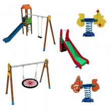 Kit parque infantil: Torre vigía + muelle scooter + muelle coche + tobogán infantil + columpio nido